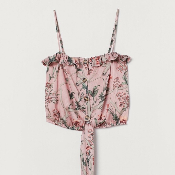 Johanna Ortiz x H&M Tie-hem Blouse Crop Top Floral Botanical Pink M - Picture 6 of 6